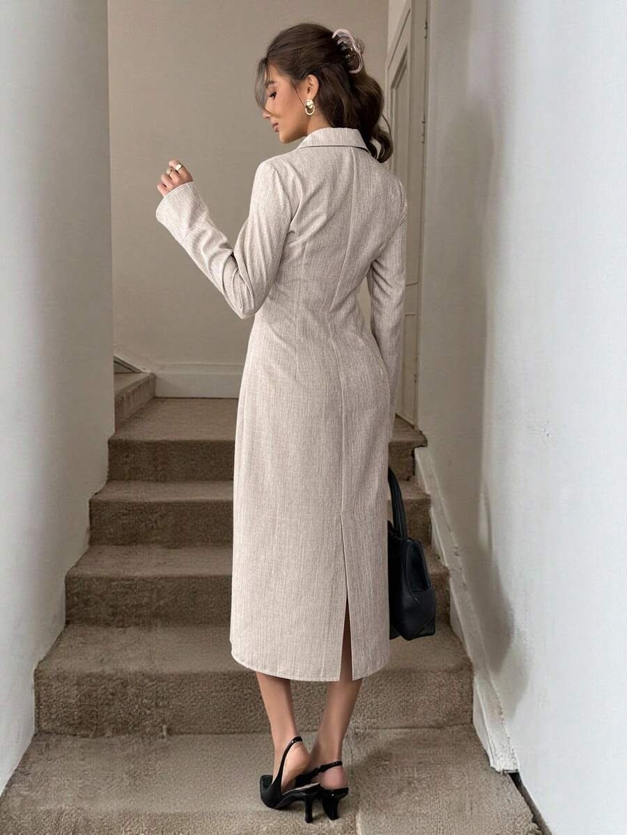 Nude Beige Collared Shirt Style Dress