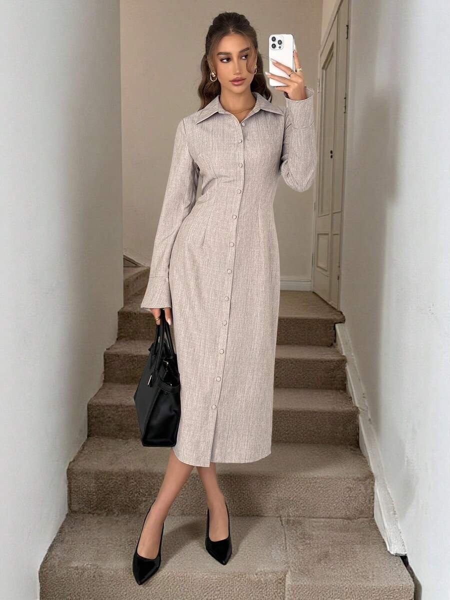Nude Beige Collared Shirt Style Dress
