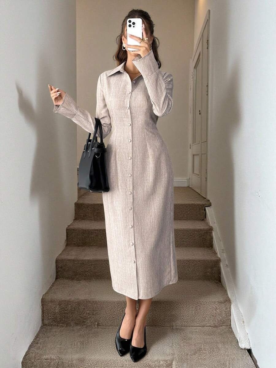 Nude Beige Collared Shirt Style Dress