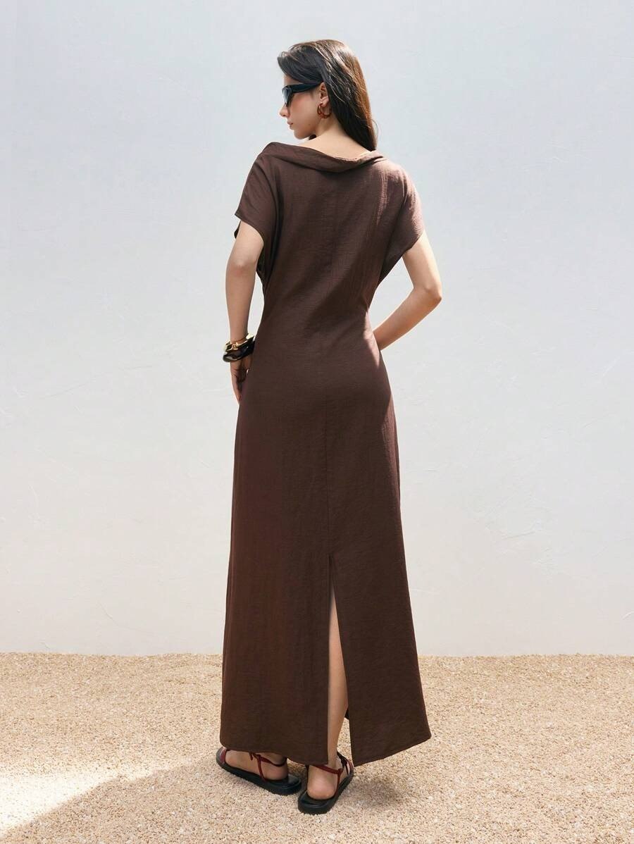 Deep Brown Aesthetic Cowl Neck Dress