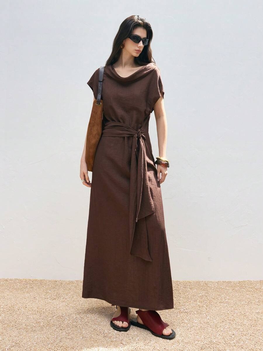 Deep Brown Aesthetic Cowl Neck Dress