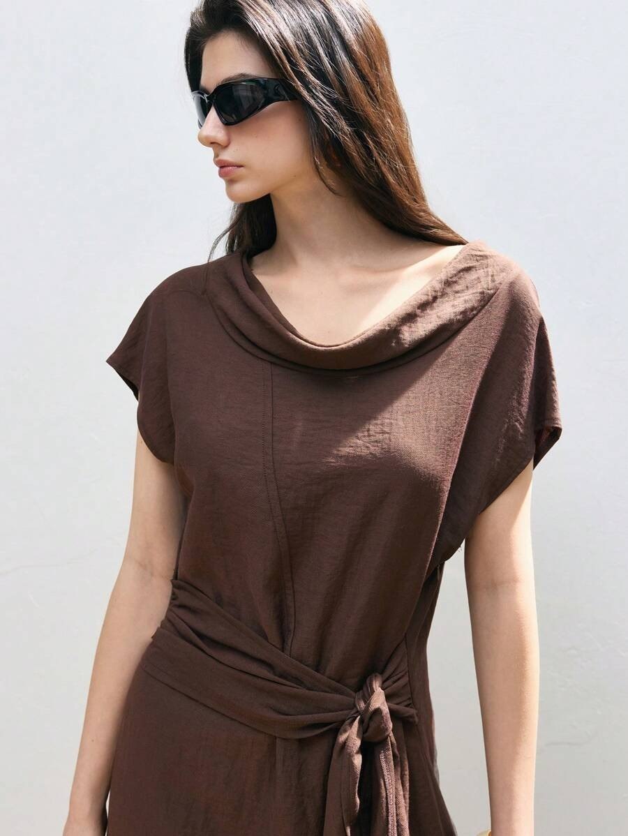 Deep Brown Aesthetic Cowl Neck Dress