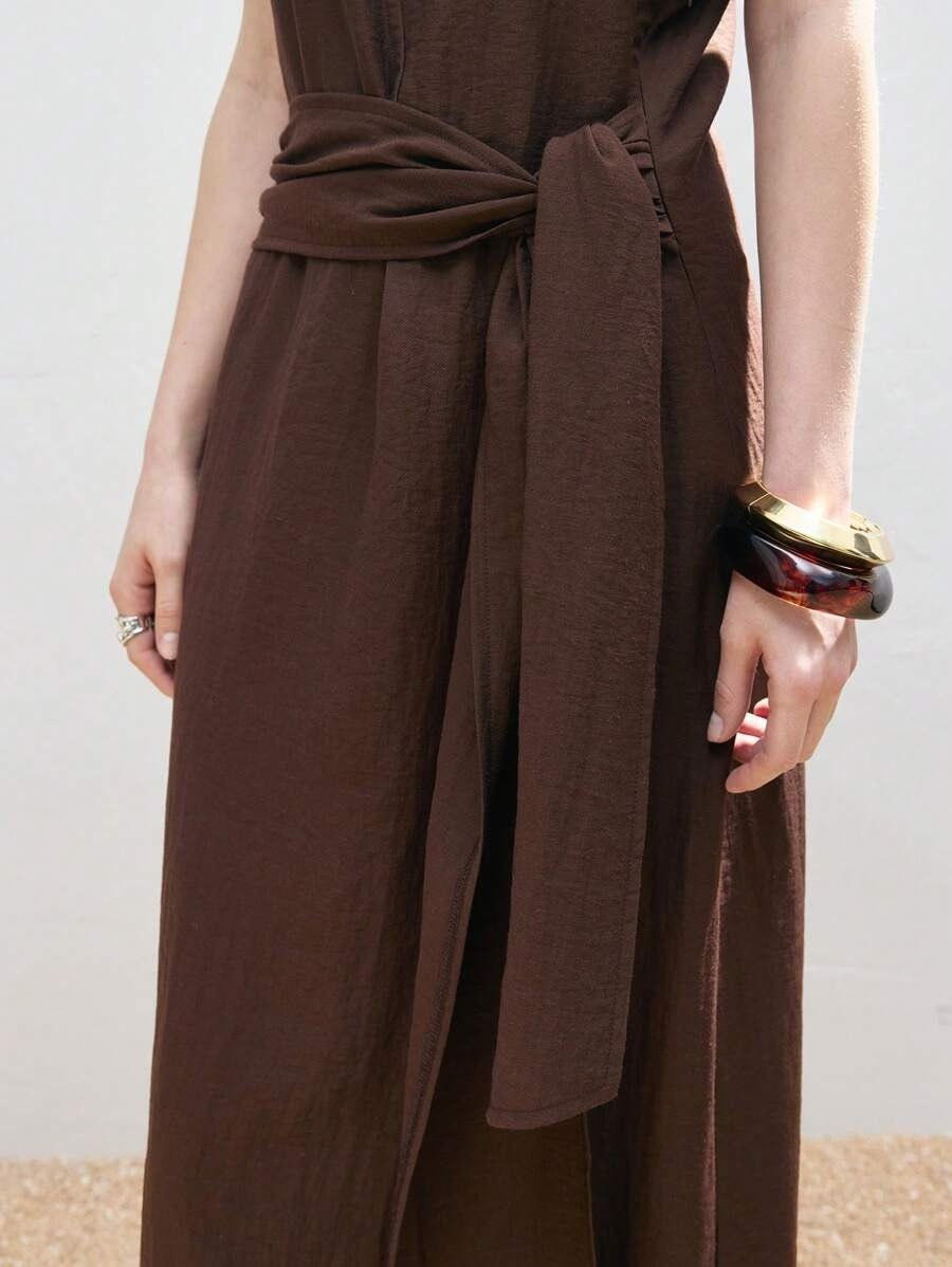 Deep Brown Aesthetic Cowl Neck Dress