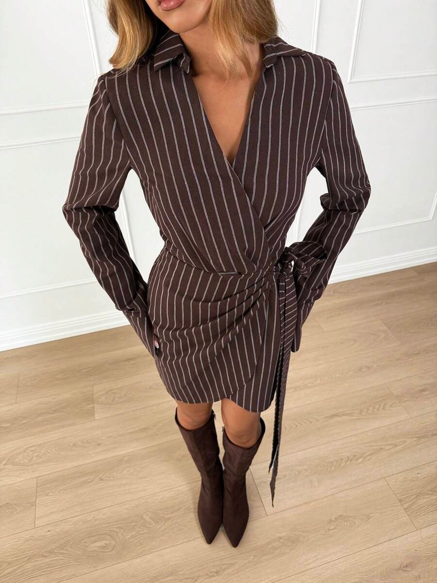 Brown Striped Shirt-Style Wrap Dress