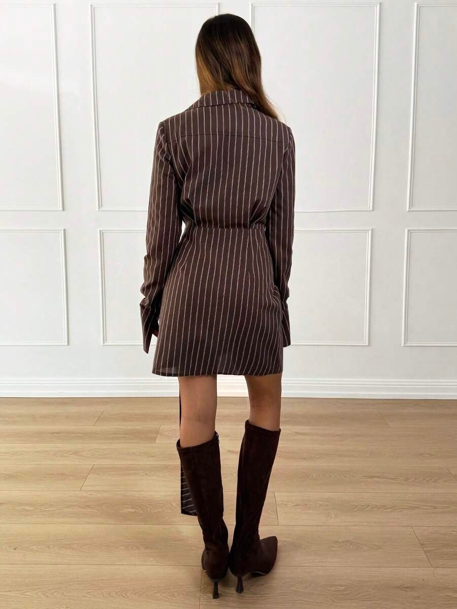 Brown Striped Shirt-Style Wrap Dress