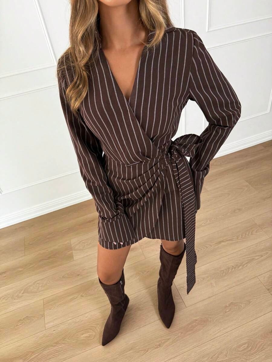 Brown Striped Shirt-Style Wrap Dress