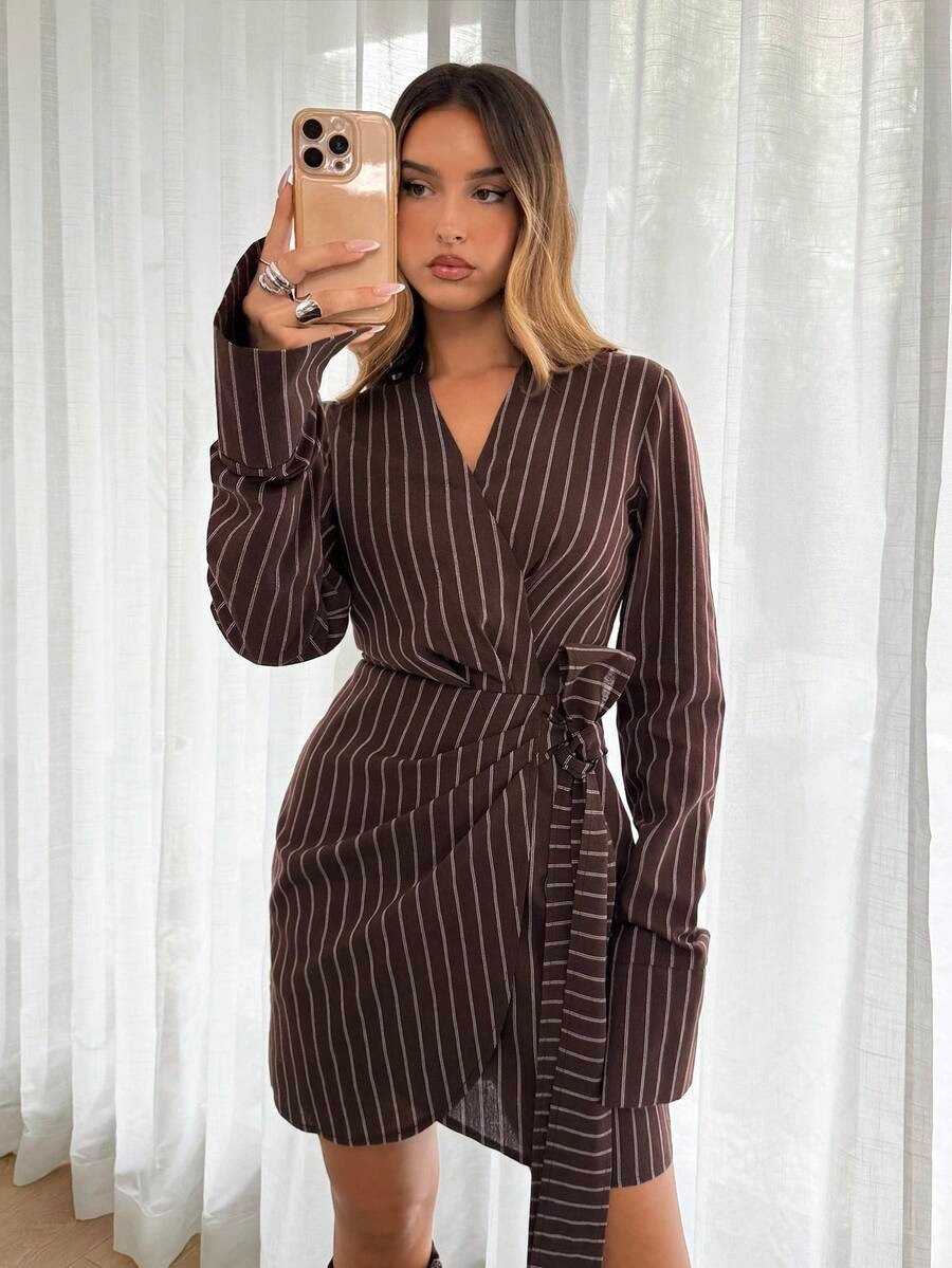 Brown Striped Shirt-Style Wrap Dress