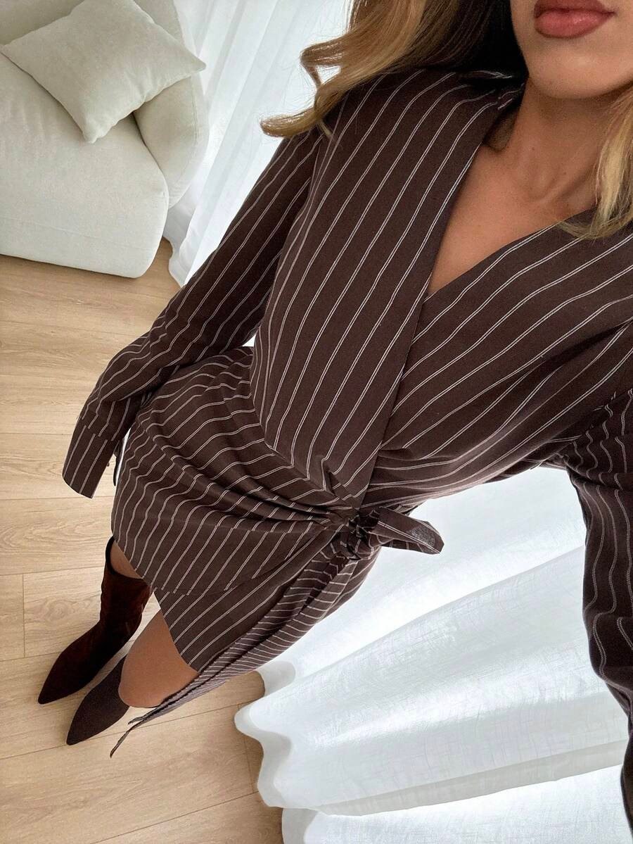 Brown Striped Shirt-Style Wrap Dress