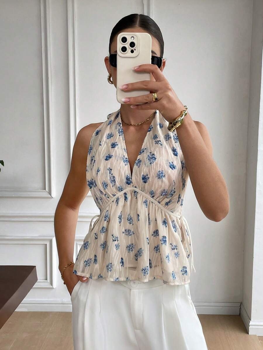 Floral Plunging V-Neck Halter Top