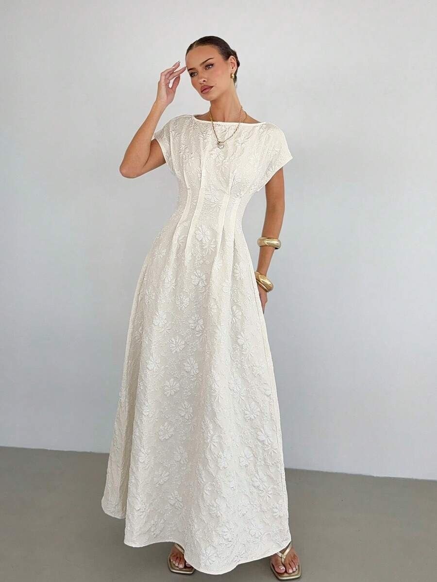 Off-White Jacquard Boat Neck Flare Maxi Dress