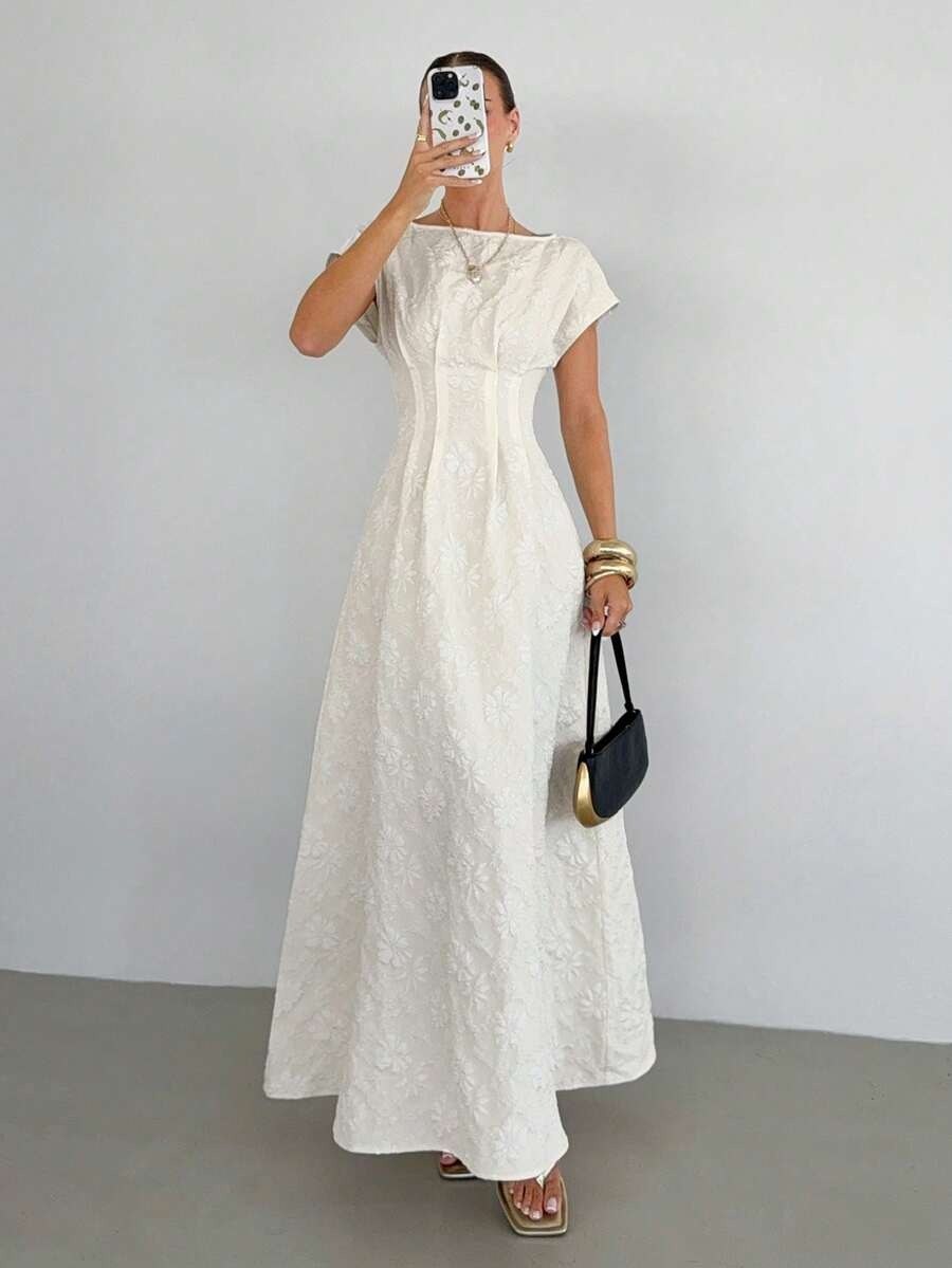 Off-White Jacquard Boat Neck Flare Maxi Dress