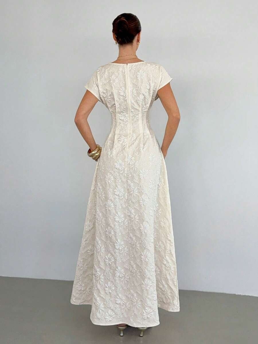 Off-White Jacquard Boat Neck Flare Maxi Dress