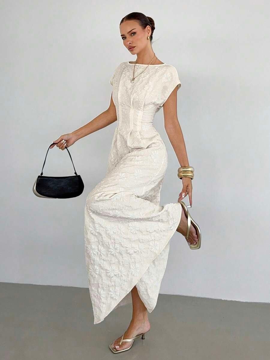 Off-White Jacquard Boat Neck Flare Maxi Dress