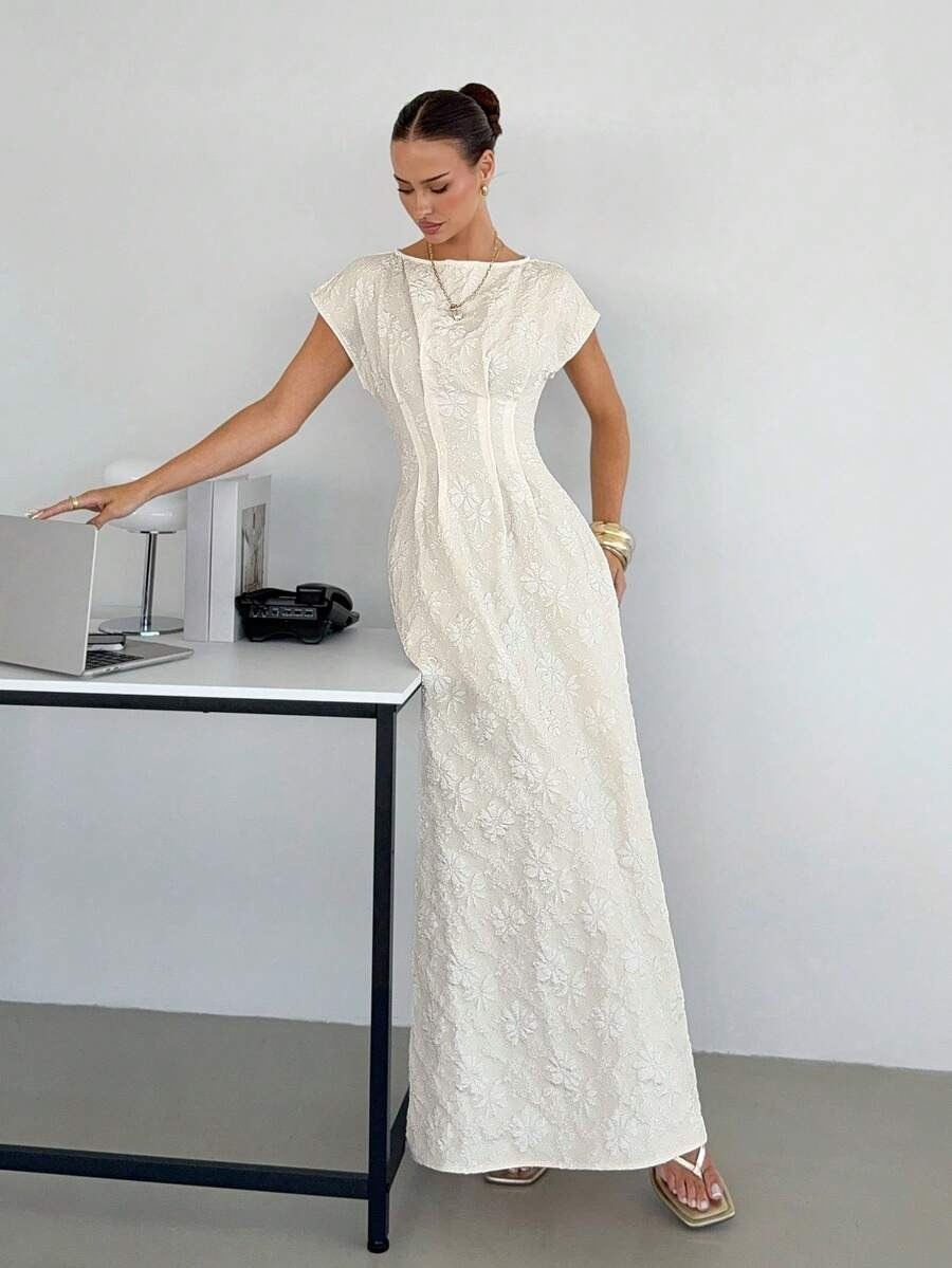 Off-White Jacquard Boat Neck Flare Maxi Dress