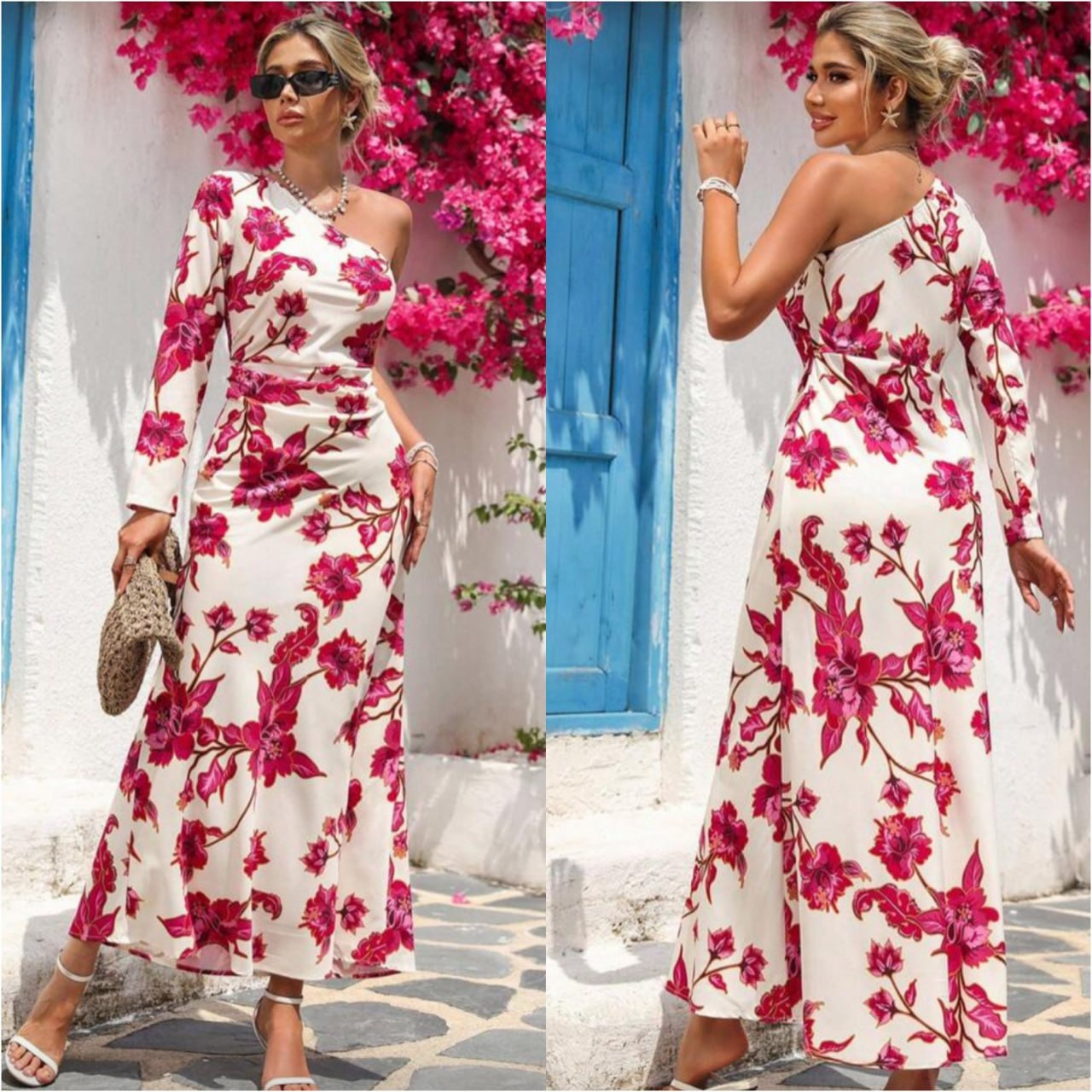 White Floral Printed One Sleeve Bodycon Maxi Dress