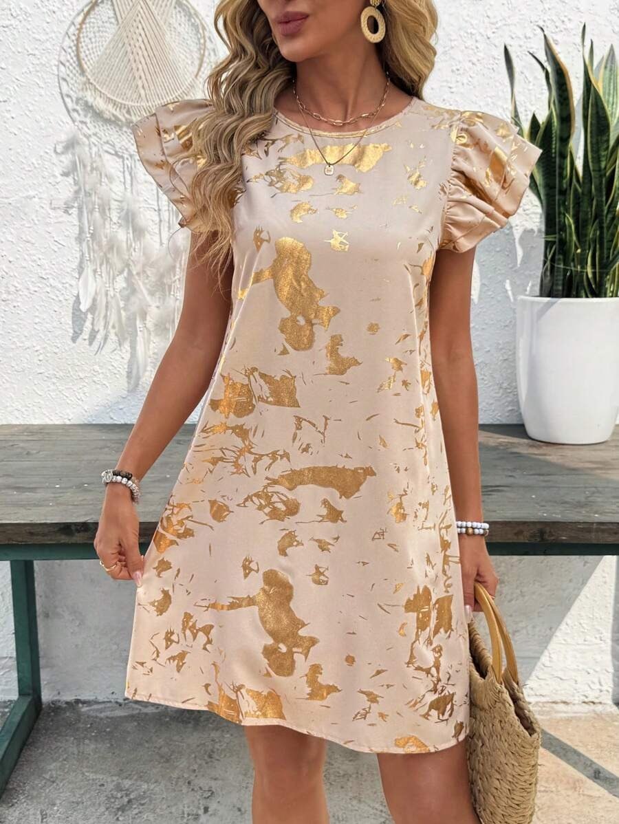 Beige & Gold Printed Ruffle Sleeve Shift Mini Dress