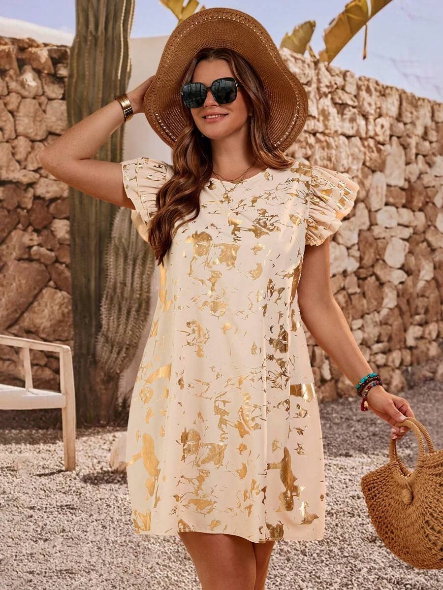 Beige & Gold Printed Ruffle Sleeve Shift Mini Dress