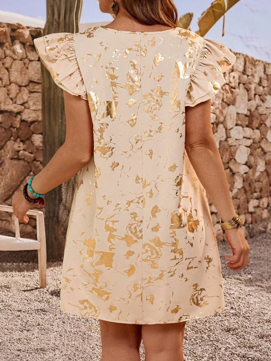 Beige & Gold Printed Ruffle Sleeve Shift Mini Dress