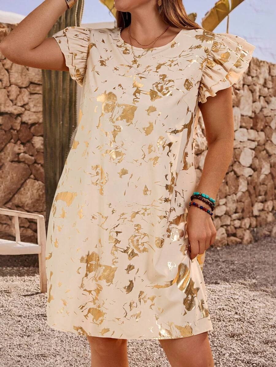 Beige & Gold Printed Ruffle Sleeve Shift Mini Dress