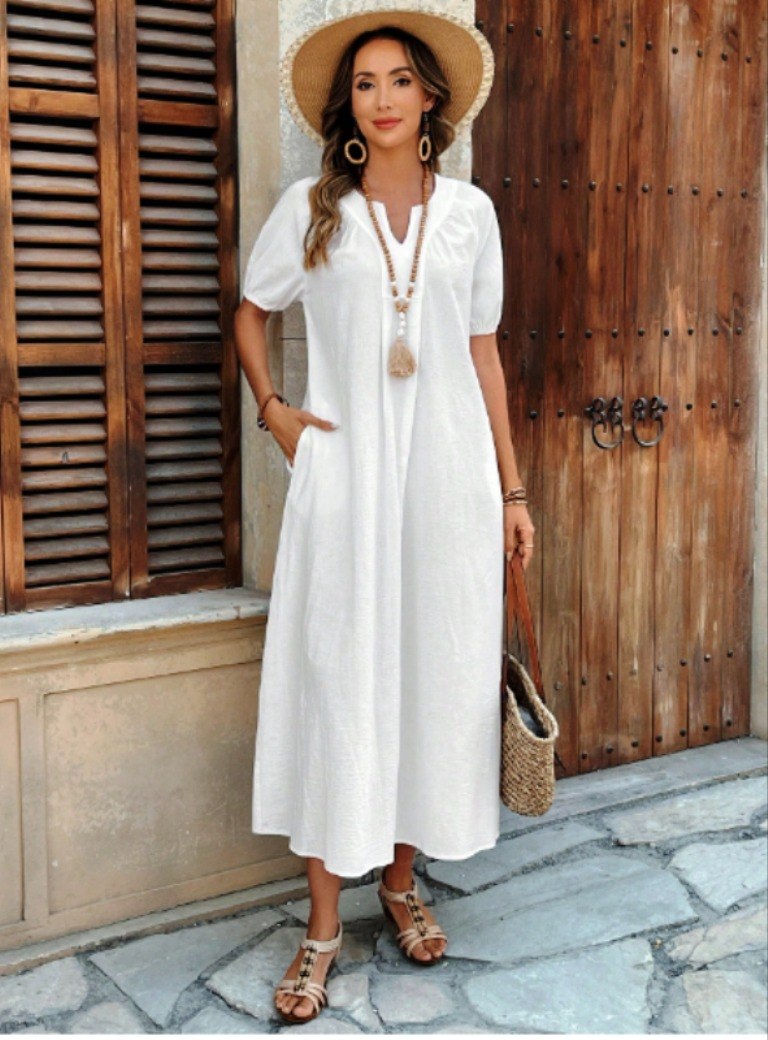 Classic White Puff Sleeve Maxi Dress