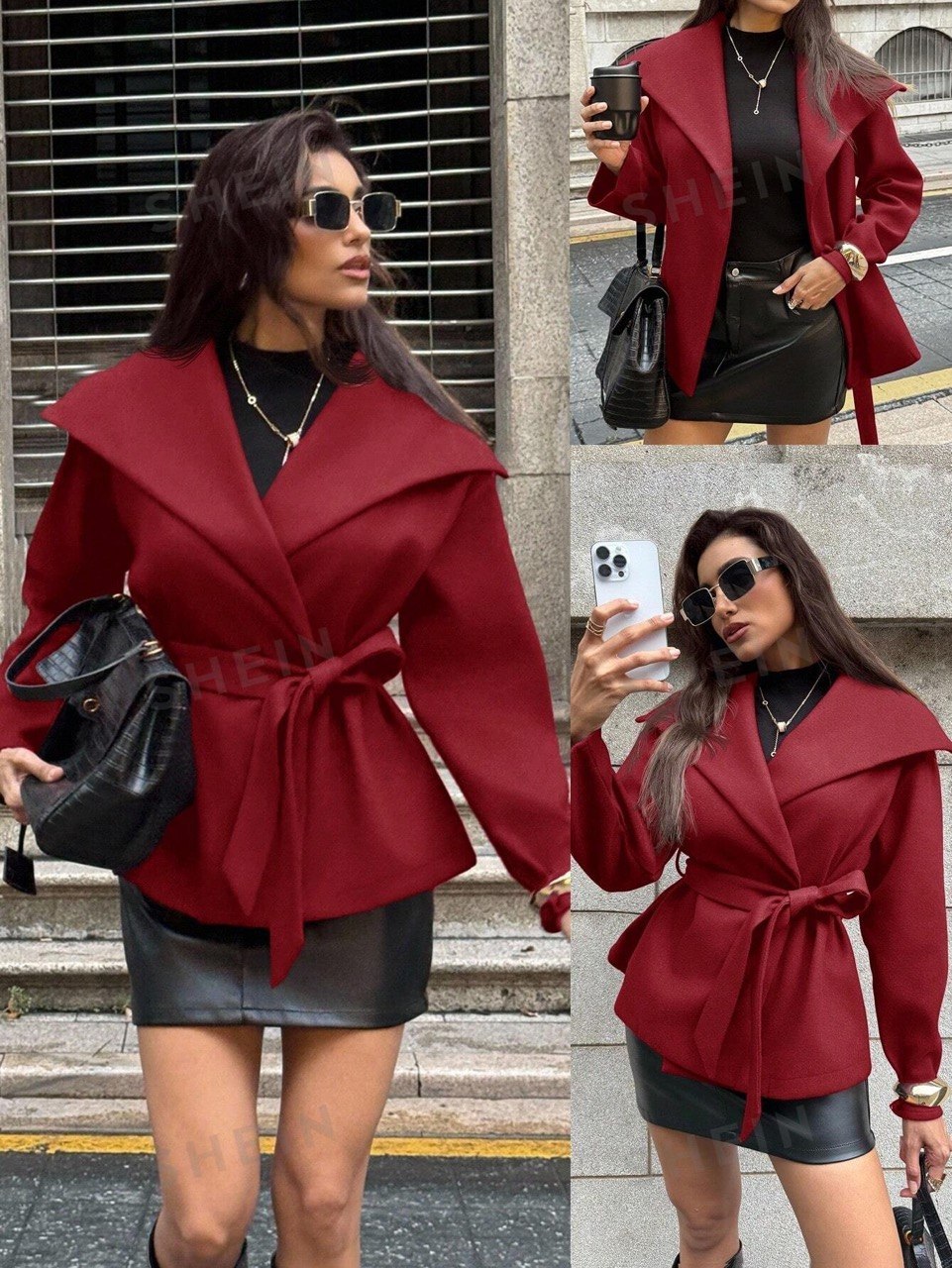 Wine red Tie-Waist Wrap Jacket with Oversized Collar