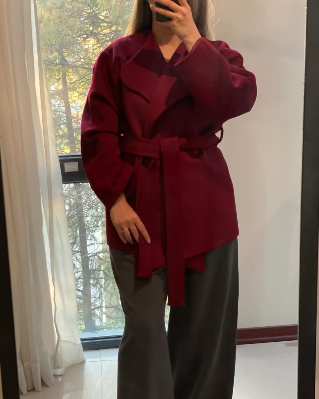 Wine red Tie-Waist Wrap Jacket with Oversized Collar