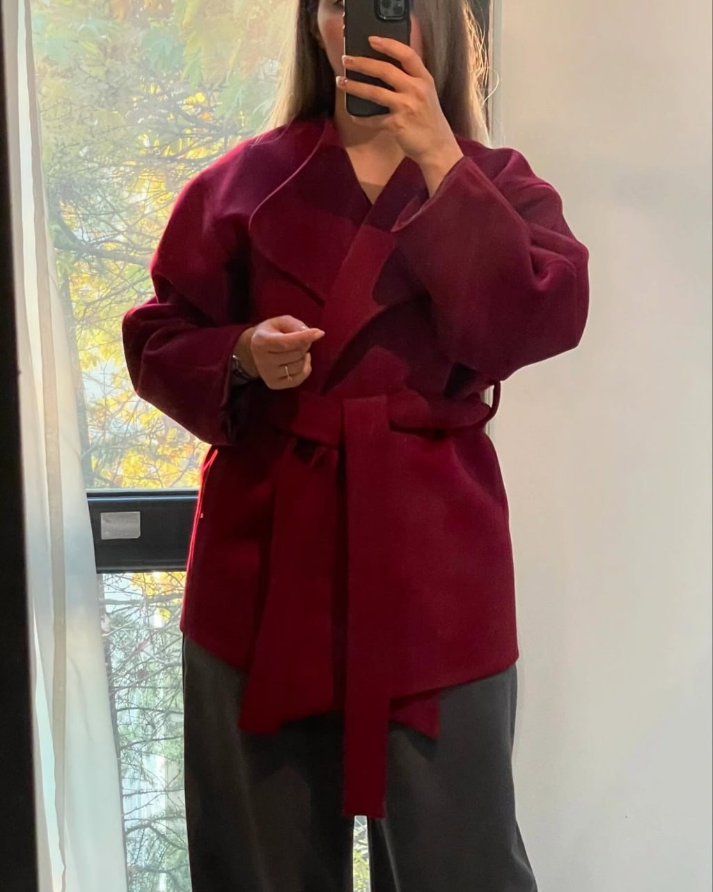Wine red Tie-Waist Wrap Jacket with Oversized Collar