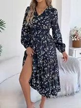 Navy Blue Floral Print Smocked Waist V-Neck Long Sleeve Maxi Dress