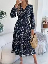 Navy Blue Floral Print Smocked Waist V-Neck Long Sleeve Maxi Dress