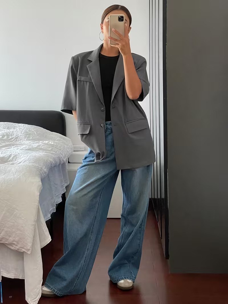 Grey Short-Sleeve Tailored Blazer