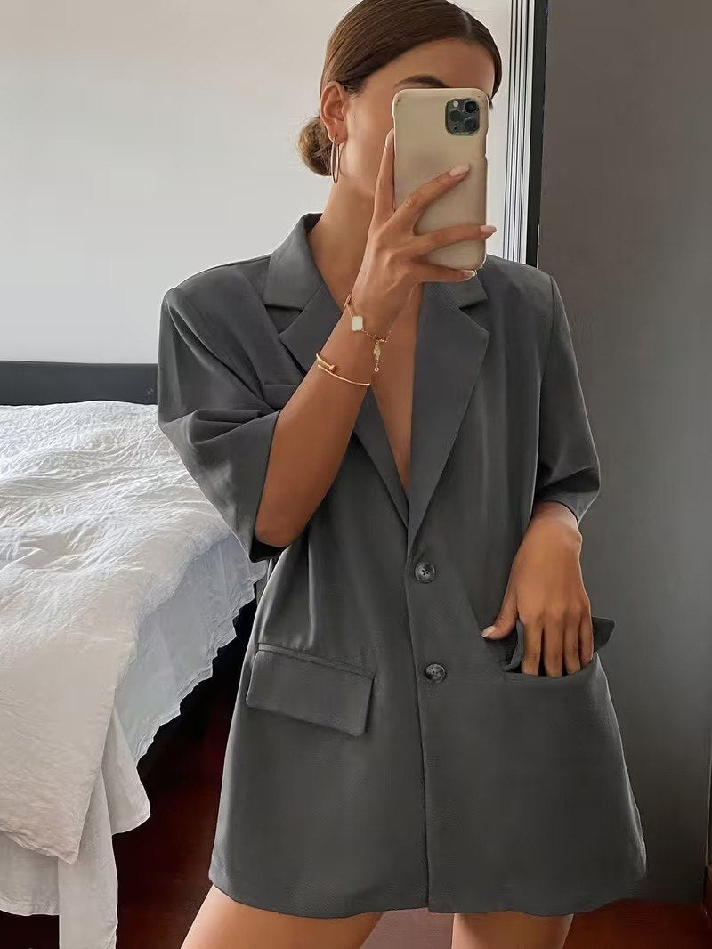 Grey Short-Sleeve Tailored Blazer