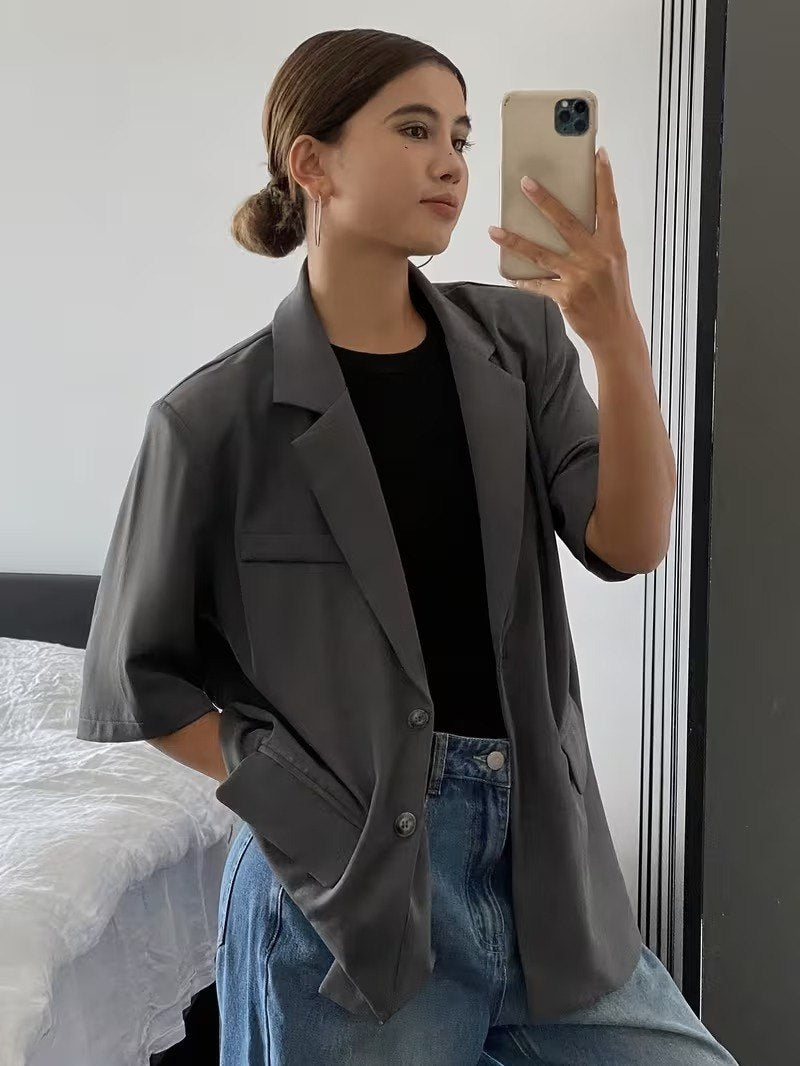 Grey Short-Sleeve Tailored Blazer