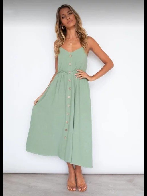 The Mint Green button-Front Spaghetti Strap High-Waist Midi Dress