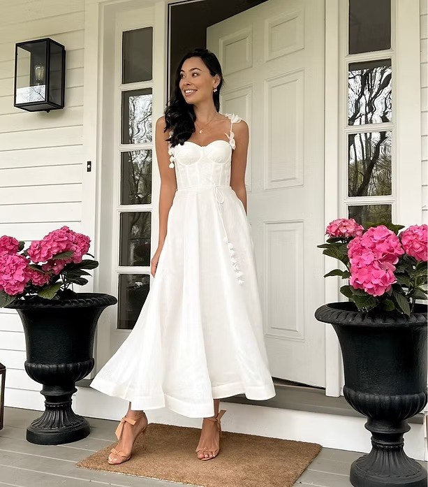 White Spaghetti Strap Dres with 3D Flower Tassels