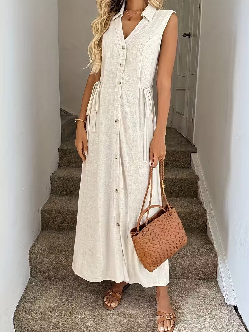 Off white Denim Tiered sleeveless with mini coller Maxi Dress