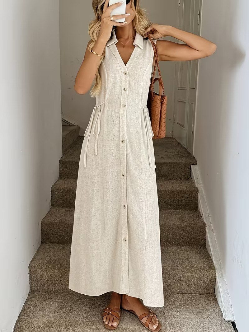 Off white Denim Tiered sleeveless with mini coller Maxi Dress