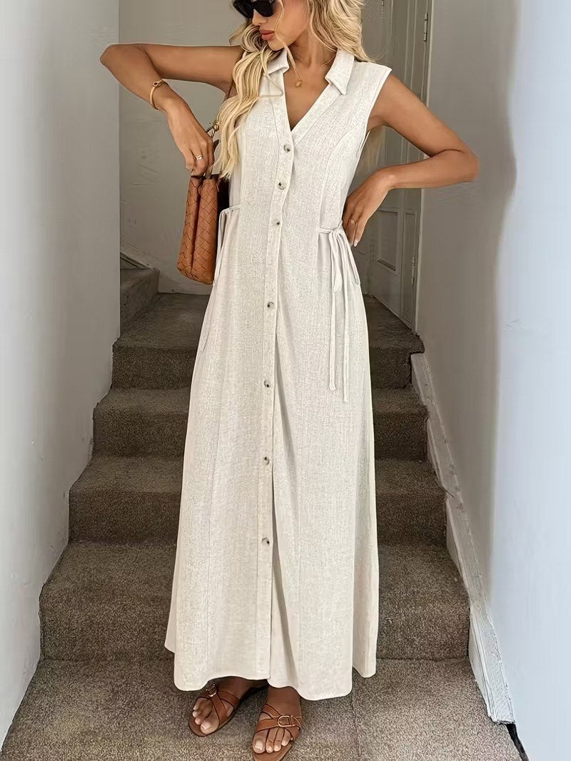 Off white Denim Tiered sleeveless with mini coller Maxi Dress