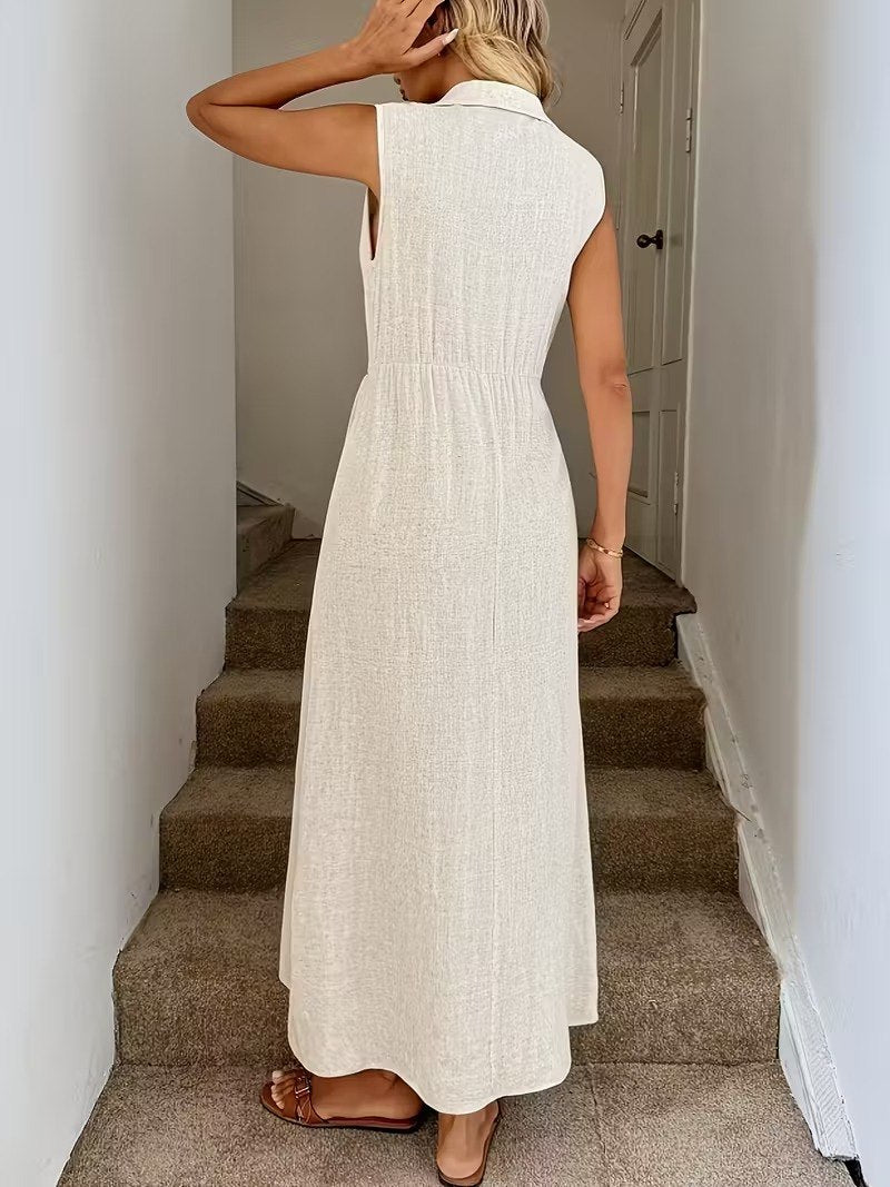 Off white Denim Tiered sleeveless with mini coller Maxi Dress