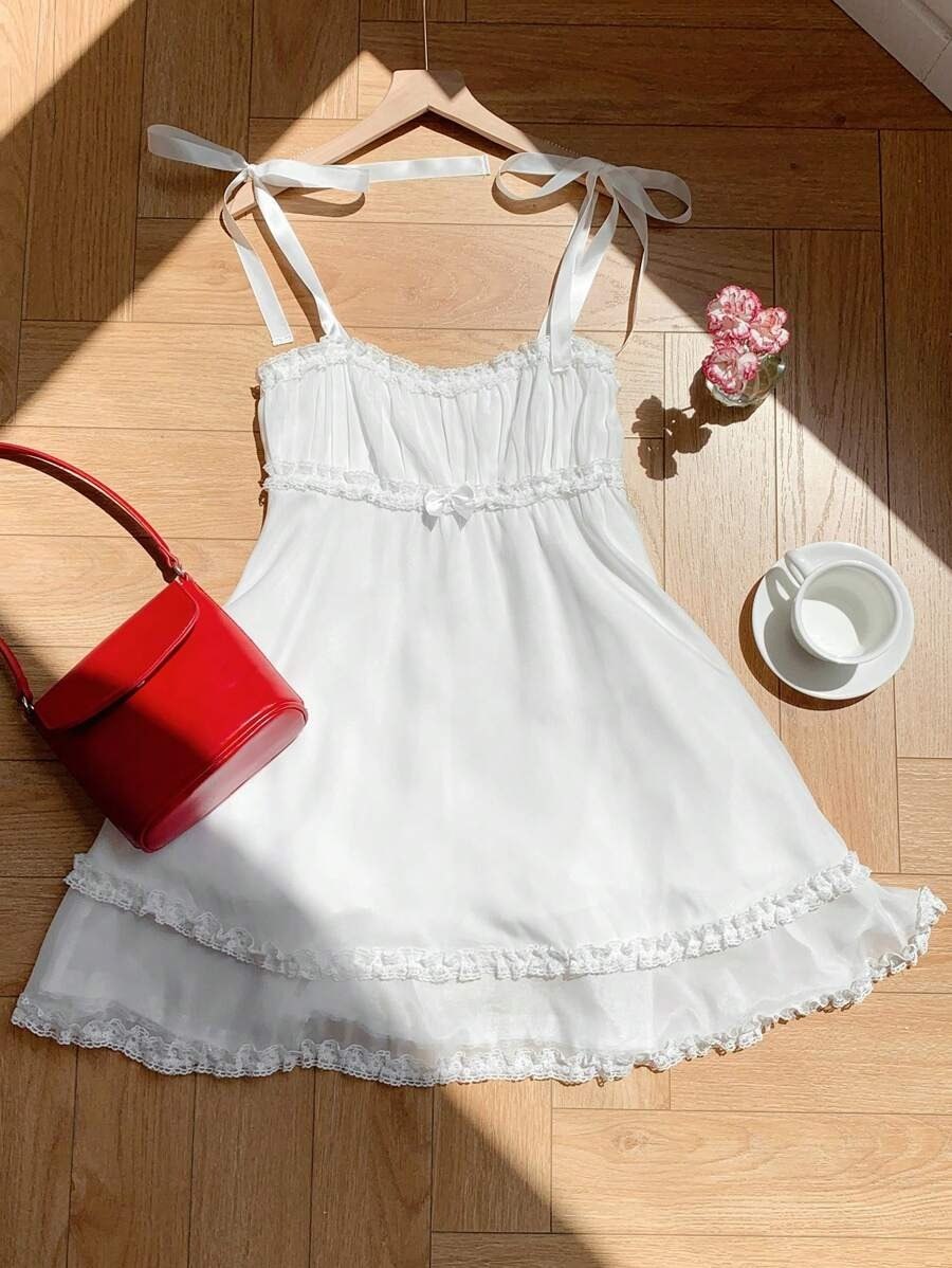 White Coquette Aesthetic Ruched Mini Dress with Ribbon Straps & Lace Trim