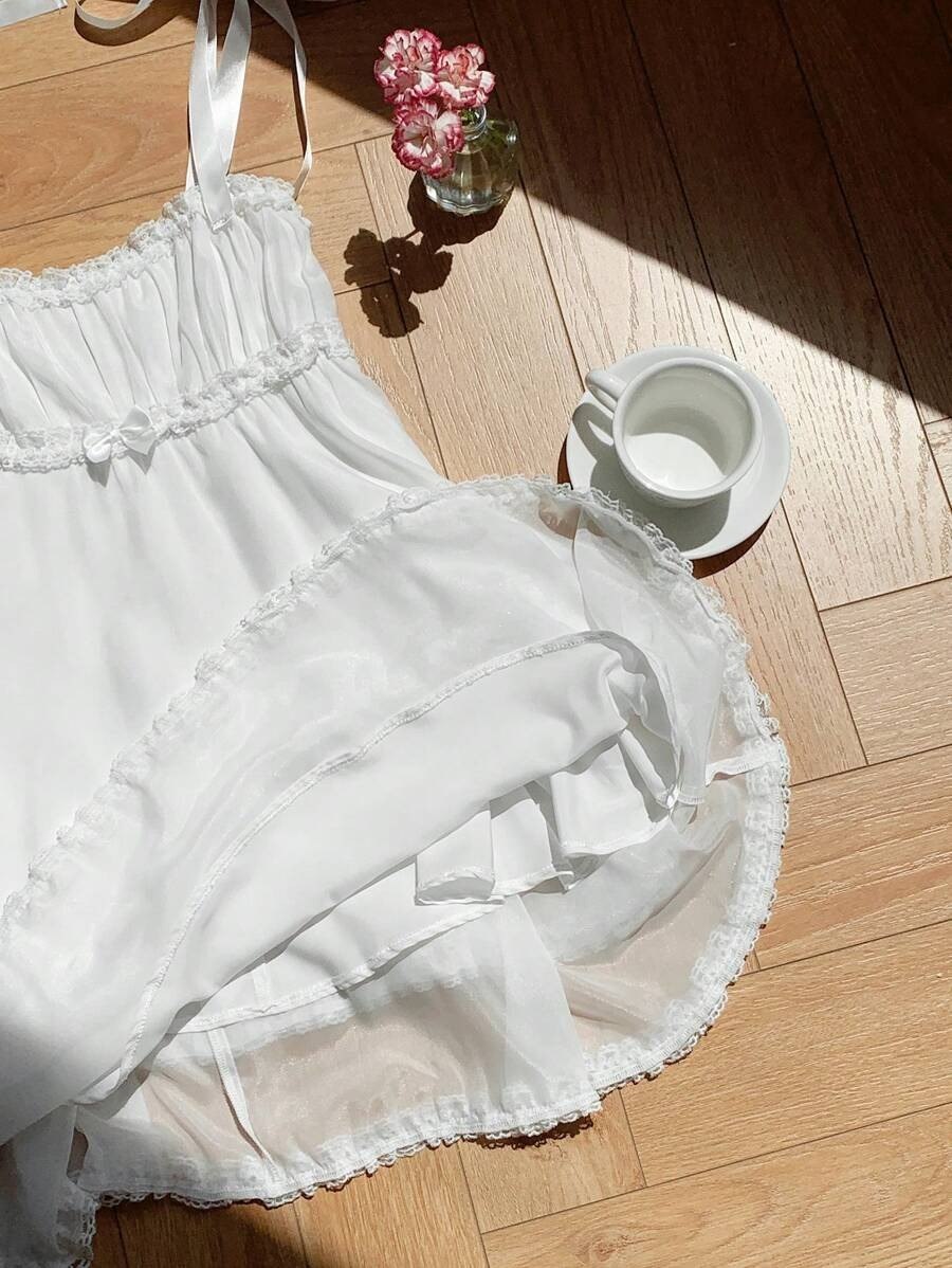 White Coquette Aesthetic Ruched Mini Dress with Ribbon Straps & Lace Trim