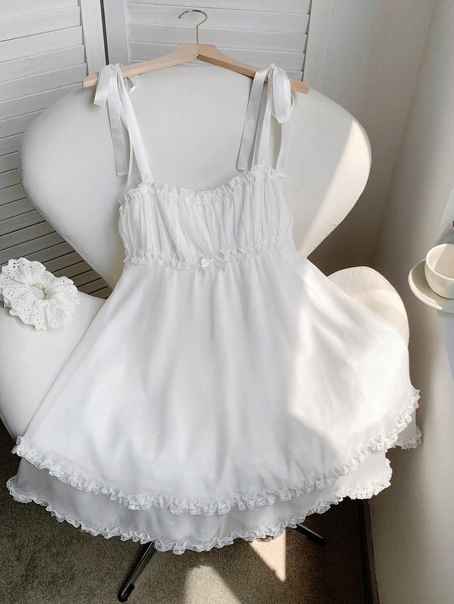 White Coquette Aesthetic Ruched Mini Dress with Ribbon Straps & Lace Trim