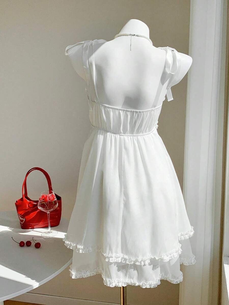 White Coquette Aesthetic Ruched Mini Dress with Ribbon Straps & Lace Trim