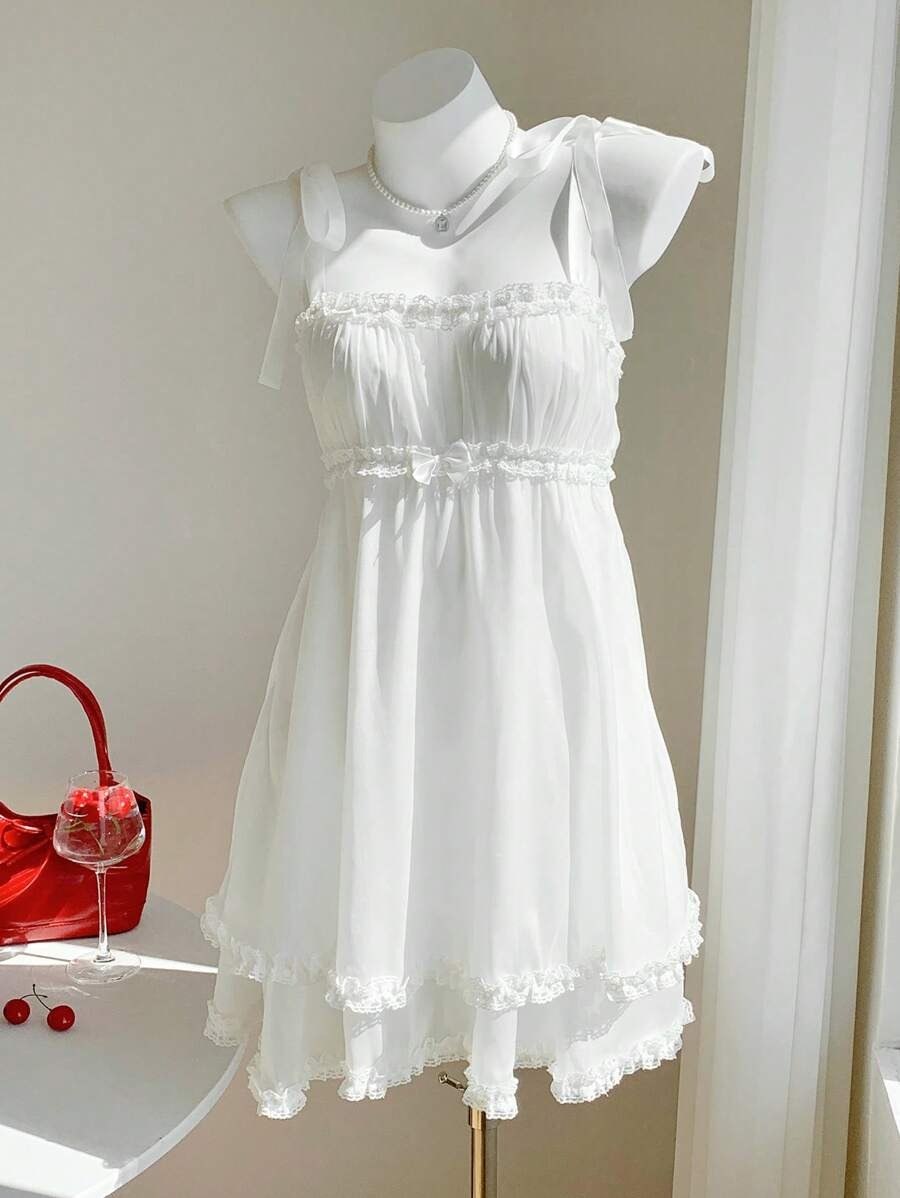White Coquette Aesthetic Ruched Mini Dress with Ribbon Straps & Lace Trim