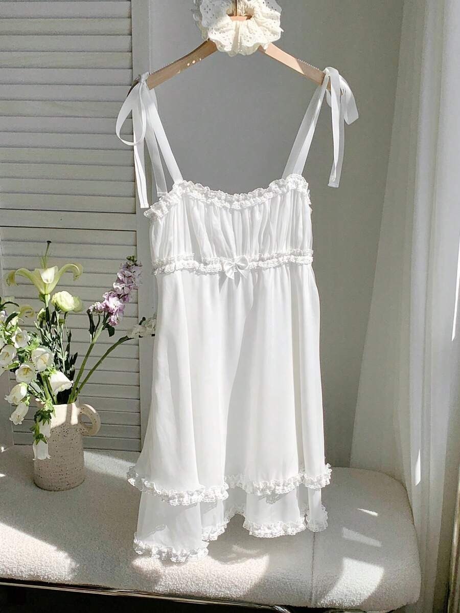 White Coquette Aesthetic Ruched Mini Dress with Ribbon Straps & Lace Trim