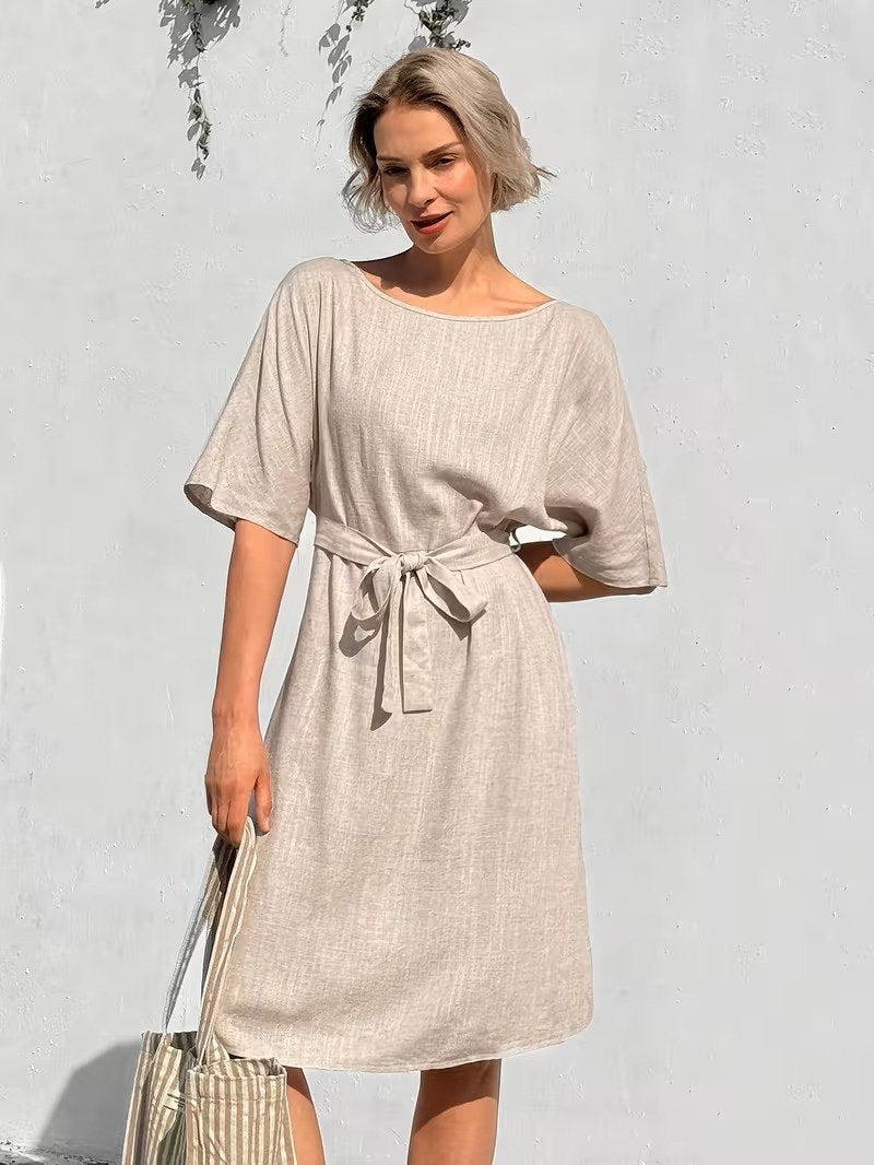 Off white  Linen-Look Midi Dress with Kimono Sleeves & Fabric Waist Belt
