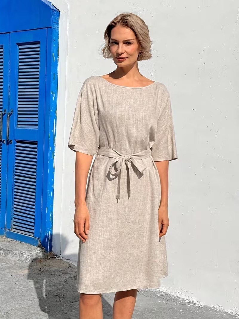 Off white  Linen-Look Midi Dress with Kimono Sleeves & Fabric Waist Belt