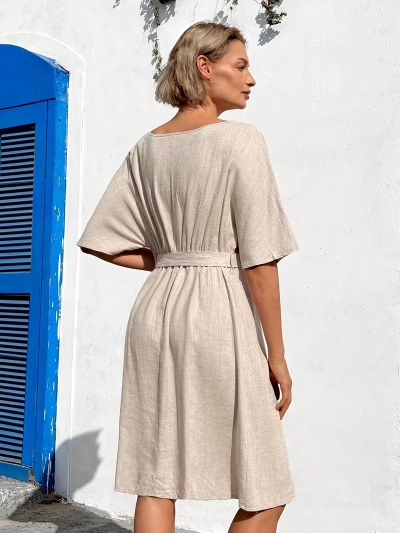 Off white  Linen-Look Midi Dress with Kimono Sleeves & Fabric Waist Belt