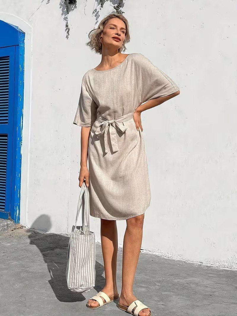 Off white  Linen-Look Midi Dress with Kimono Sleeves & Fabric Waist Belt