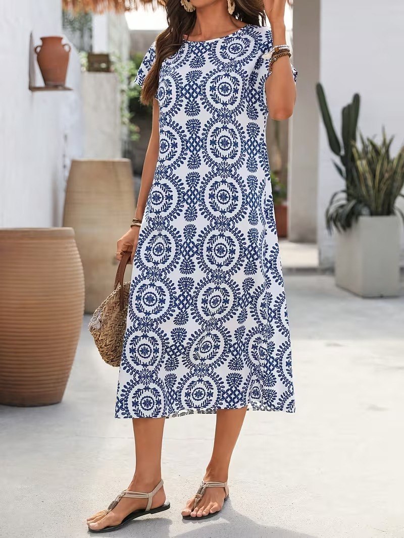 white  and blue Geometric Print Boho Midi Dress