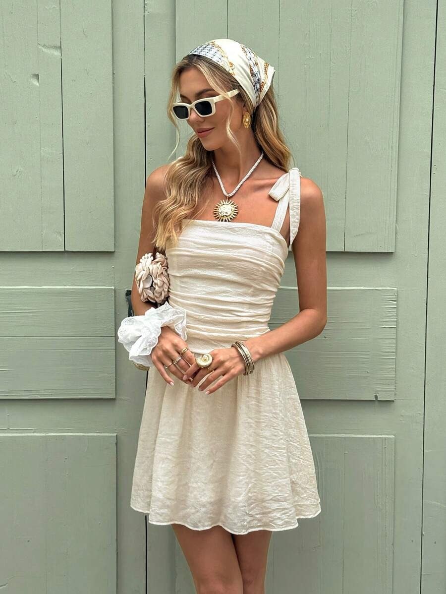 Off-White Solid Sleeveless Tie-Up Shoulder Casual Mini Dress